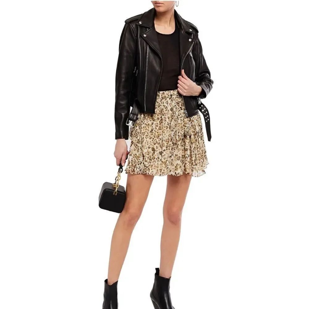 IRO Moody tiered leopard-print silk-chiffon mini skirt NWT SZ FR 34/US 2